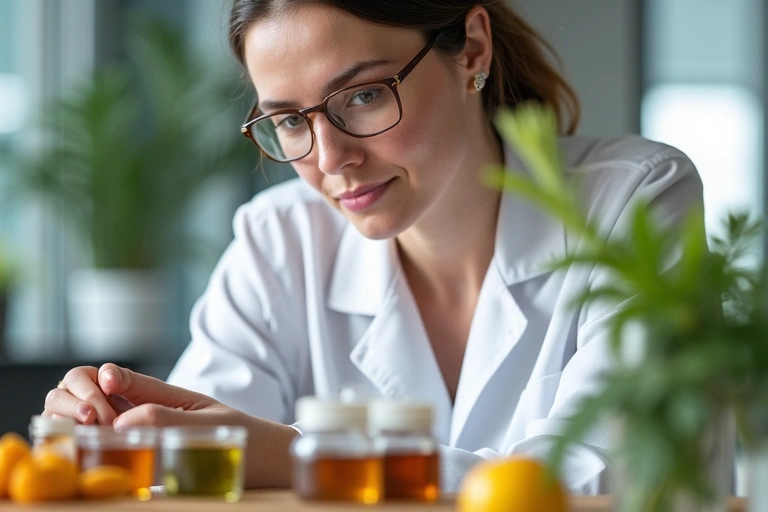 A person thoughtfully examining natural ingredients in a lab setting, symbolizing research and development.