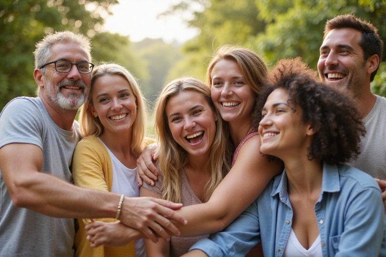 A diverse group of people smiling and interacting, representing a healthy and vibrant community.
