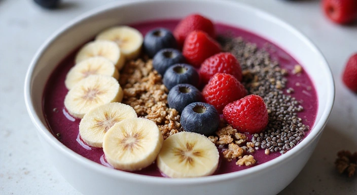 A vibrant smoothie bowl with fresh fruits and nuts