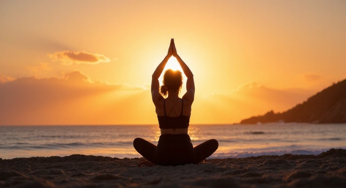 Person practicing yoga at sunrise by the ocean