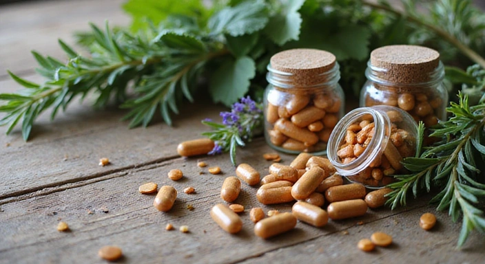 Variety of herbal supplements and fresh herbs on a wooden table