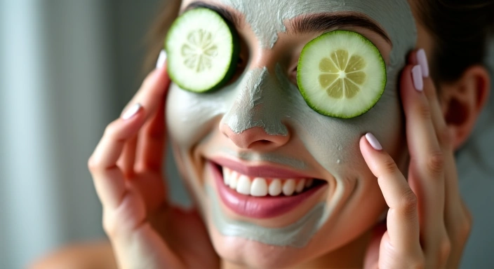 Woman applying a natural face mask with cucumber slices