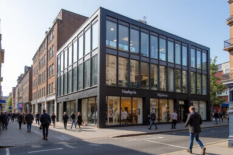 Exterior view of Vitaphzyra's office building at 76 Whitechapel High St, London, with a clear street view and local architecture.