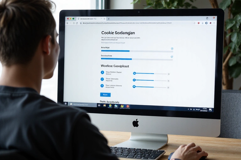 Illustration of a person managing cookie settings on a desktop computer, showing privacy controls.
