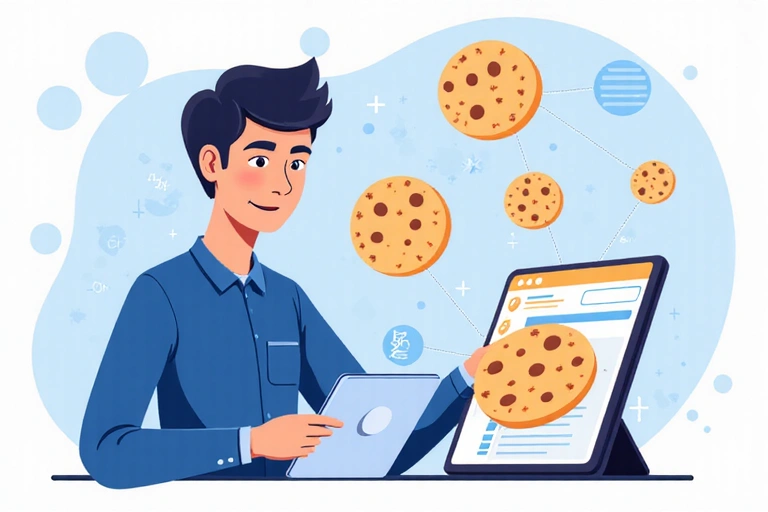 Illustration of a person holding a large cookie and looking at data on a tablet, representing cookie usage and data analysis.