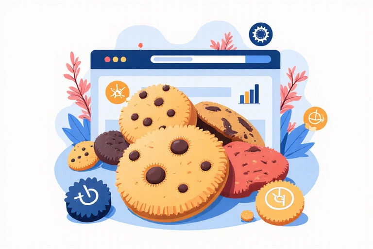 Illustration of different types of cookies flowing into a browser window, representing functional, analytical, and marketing cookies.