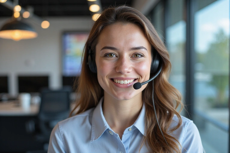 A customer service representative smiling and ready to help, in a modern office setting.