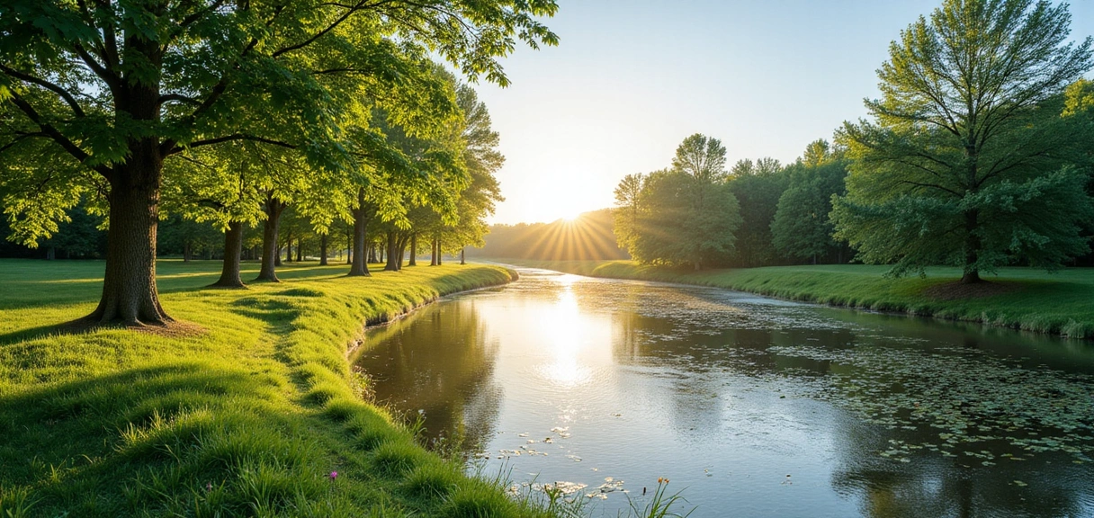 A serene, natural landscape with soft, warm lighting, conveying health and well-being.