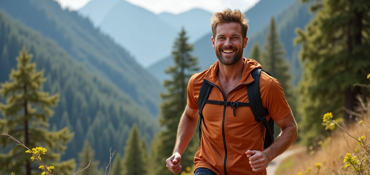 Dynamic image of a healthy man in a natural setting, conveying energy and vitality.