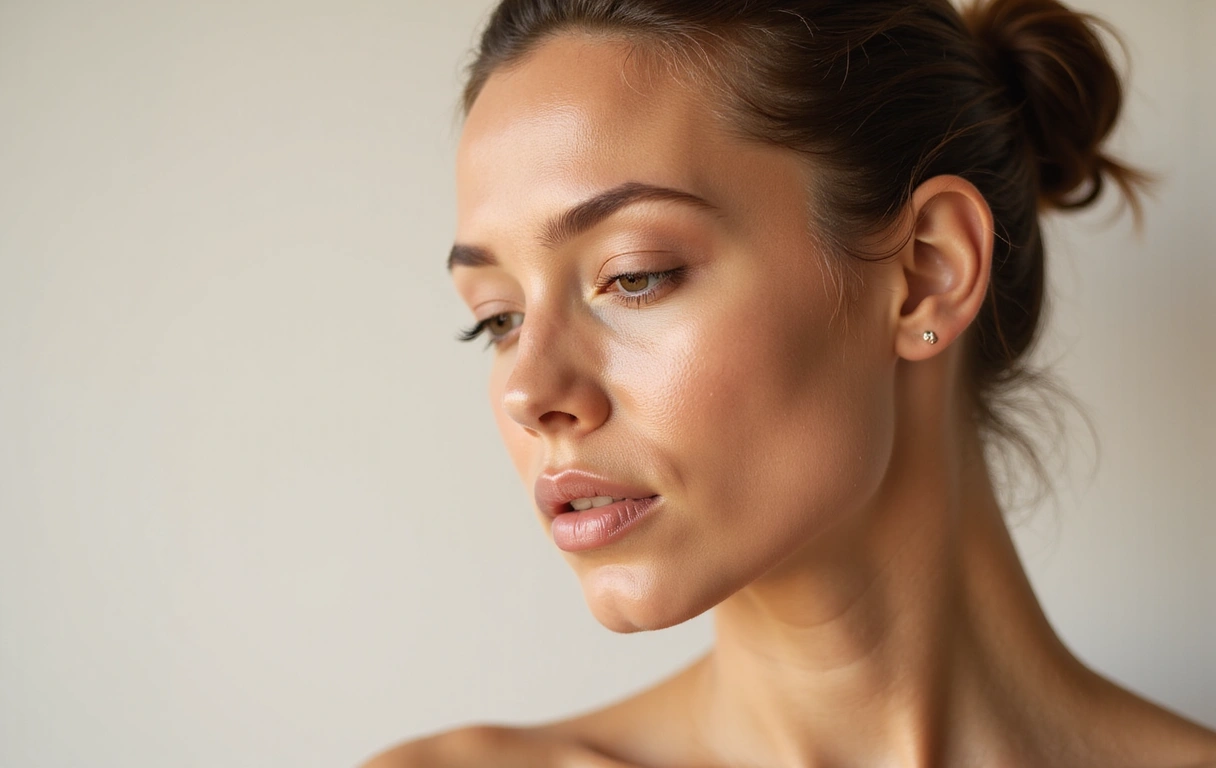 Elegant image of a woman's face with glowing, healthy skin in a soft, natural light, no text.