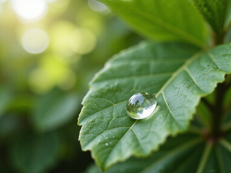 Hydrating serum droplet on a leaf, symbolizing natural hydration, no text.