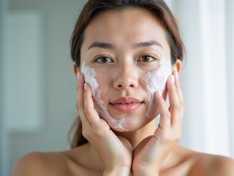 Woman washing her face with a gentle cleanser, fresh and clean, no text.